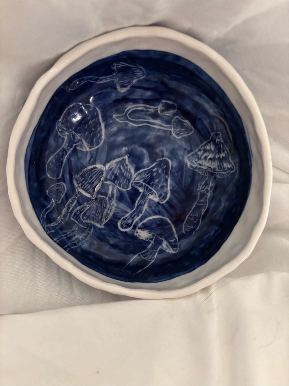 Handcrafted Blue Mushroom Ceramic Bowl - White Rim